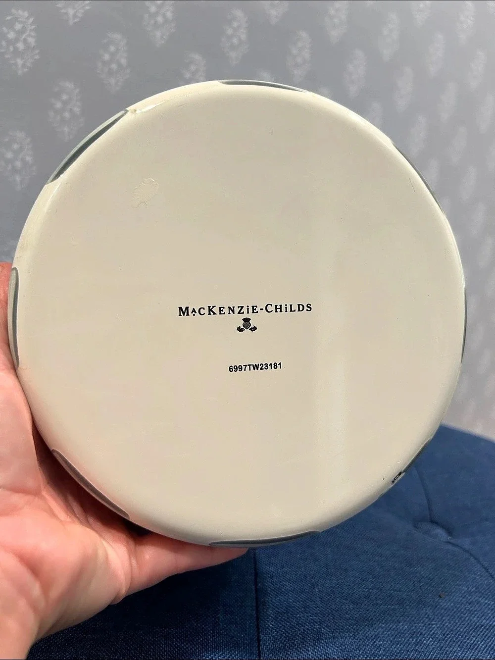 Mackenzie-Childs Sterling Check Enamel Tea Kettle White & Gray